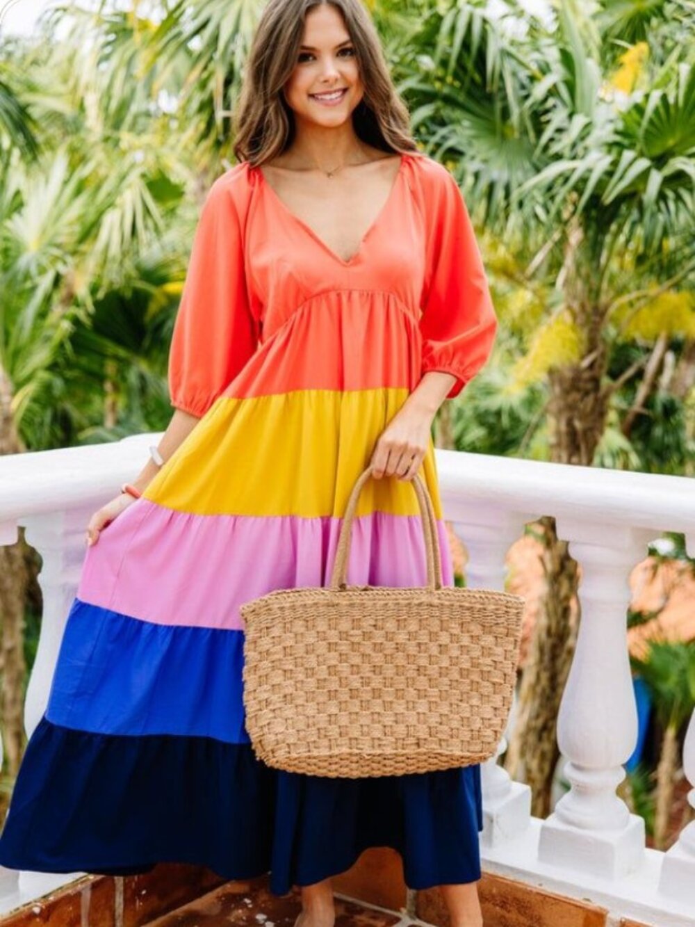 Entro Bright On Time Colorblock Tiered Maxi Dress